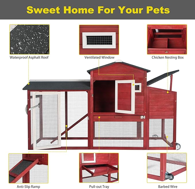 71" Chicken Coop Large Wooden Chicken Tractor - with Wheels Waterproof Outdoor Hen House Poultry Cage Back Yard Chicken Coops with Run, Laying Boxes and Secure Enclosure