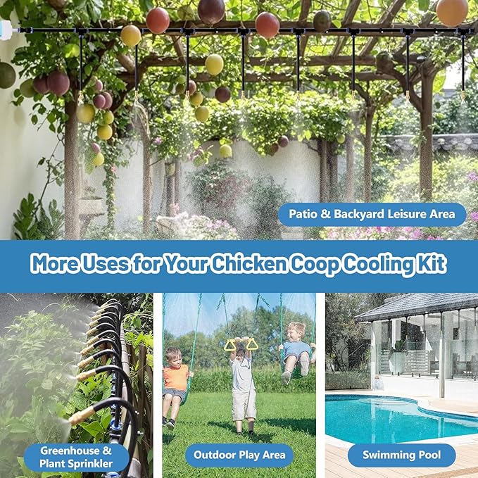 Kalolary 60FT Chicken Coop Misting Cooling System with 16 Adjustable Brass Nozzles(8mm), Complete DIY Poultry Cooling Kit with Filter Accessories, Summer Heat Relief for Coop Garden Greenhouse