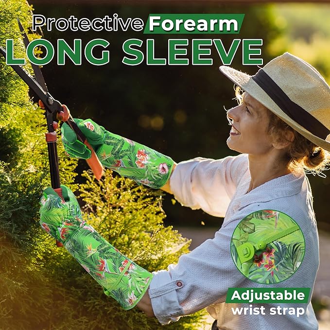 HANDLANDY Women Gardening Gloves, Scratch Resistant Breathable Ladies Rose Pruning Long Gauntlet Floral Print Garden Yard Gloves, Gift for Gardeners (Grass Green, L)