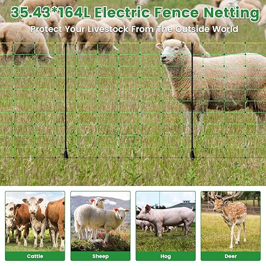 Electric Fence Netting, Portable Livestock Fencing for Sheep, Cattle, Net Fencing Kit with 14 Posts Double Spiked, Movable Poultry Netting for Backyards, Homesteaders, Farms Ranches (164 * 35.43)