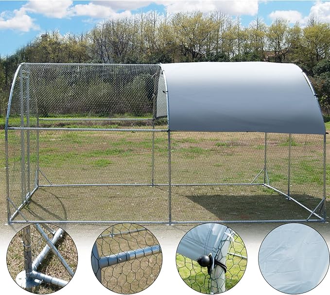 Large Metal Chicken Coop, Walk-in Poultry Cage Galvanized Hen Playpen House Dome Shaped Coop with Waterproof and Anti-Ultraviolet Cover and Lockable Door for Outdoor, Backyard Farm (12.5’ L x 9.2’ W)