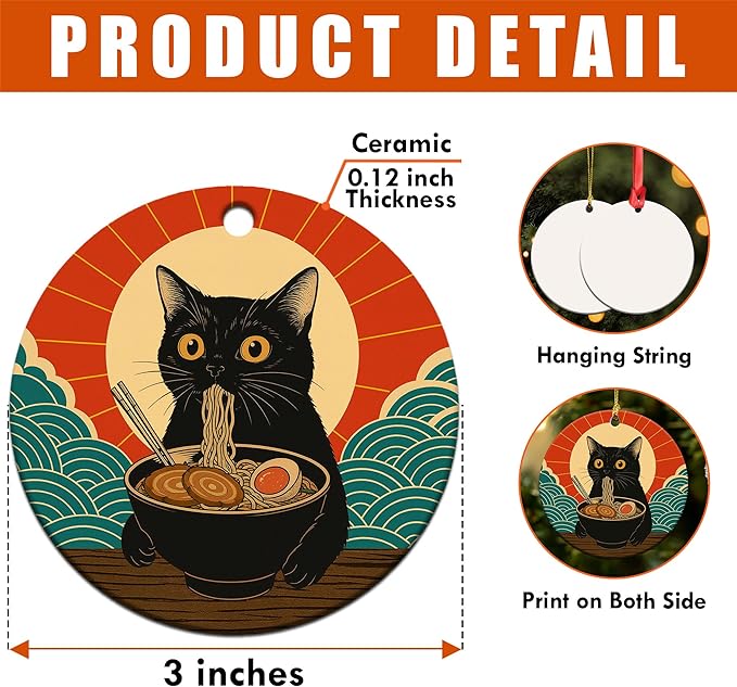 Black Cat Ramen Christmas Ornament - Funny Ramen Japanese Anime Gifts for Women, Men, Cat Lovers - Kawaii Noodle Pet Decor Ceramic Ornament