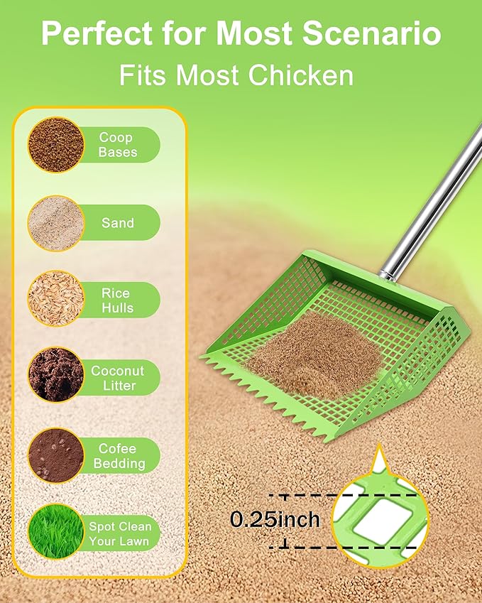 Chicken Poop Scooper & Rake 2-in-1,10 inches Metal Coop Shovel Sand Sifting Shovel with 35" to 62" Adjustable Handle,Cleaning Tools Scoop for Chicken Coops & Farm Animals