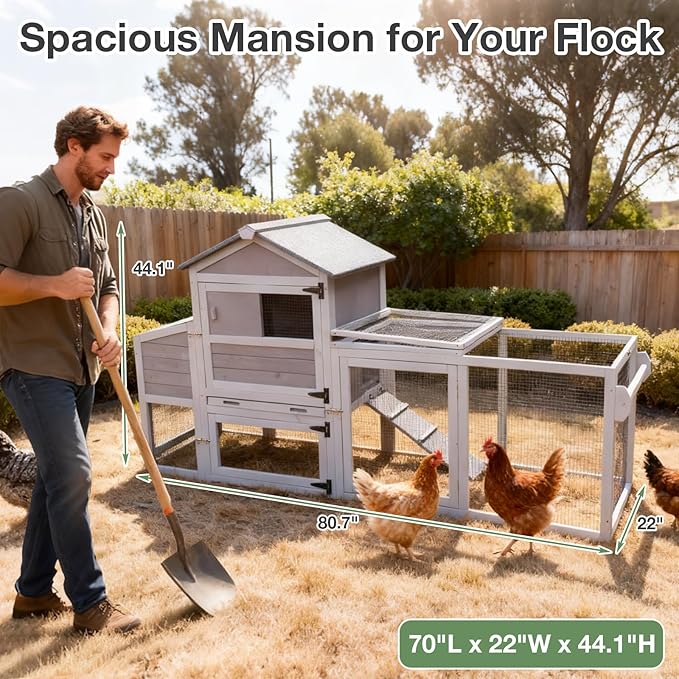 Chicken Coop Wooden with Wheels, Expandable Outdoor Chicken Tractor with Nesting Box & Pull-Out Tray, Easy-Clean Poultry Coop for 2–3 Chickens & Ducks