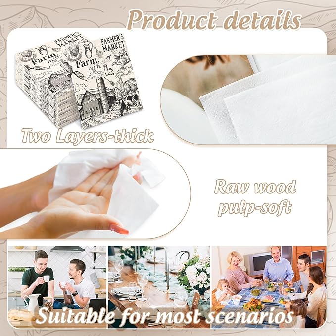 50Pcs Milk Farm Paper Napkins Cow House Disposable Luncheon Napkins Vintage Dinner Hand Napkin for Farmhouse Home Party Supplies Table Decor