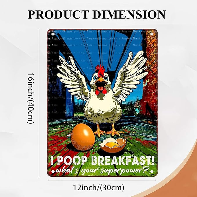 Funny Chicken Decorations for Kitchen Chicken Tin Sign Chicken Gifts 12X16InchI Poop Breakfast Whats Your Superpower 12X16Inch
