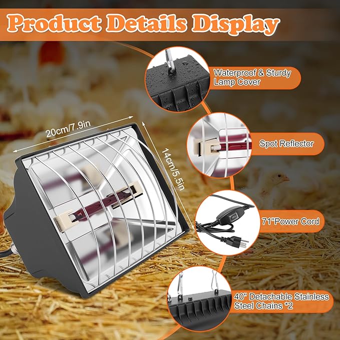 Chicken Brooder Heater for Chicks Coop with 2 Heat Lamps, 250W Hen Chick Warmer with Adjustable Height & Temperature, 6ft Cord, Aluminum Alloy Lamp Shade for Chicks Ducks Livestock Indoor