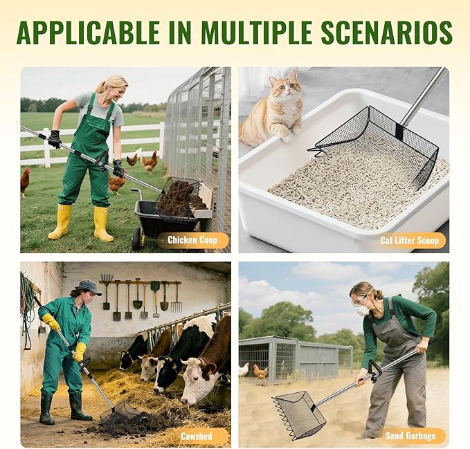2-in-1 Chicken Poop Scooper & Rake, 12 Inch Large Metal Shovel Head, Chicken Litter Scoop with Adjustable Handle for Chicken Coop & Pet Waste Cleaning (37 to 65"), US Patent Pending (Black)