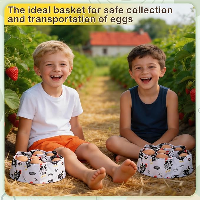 Egg Collecting Basket, Canvas Egg Basket for Gathering with 7 Pouches for Chicken, Duck, Goose, Bird, Various Poultry Collection (Red-crested)