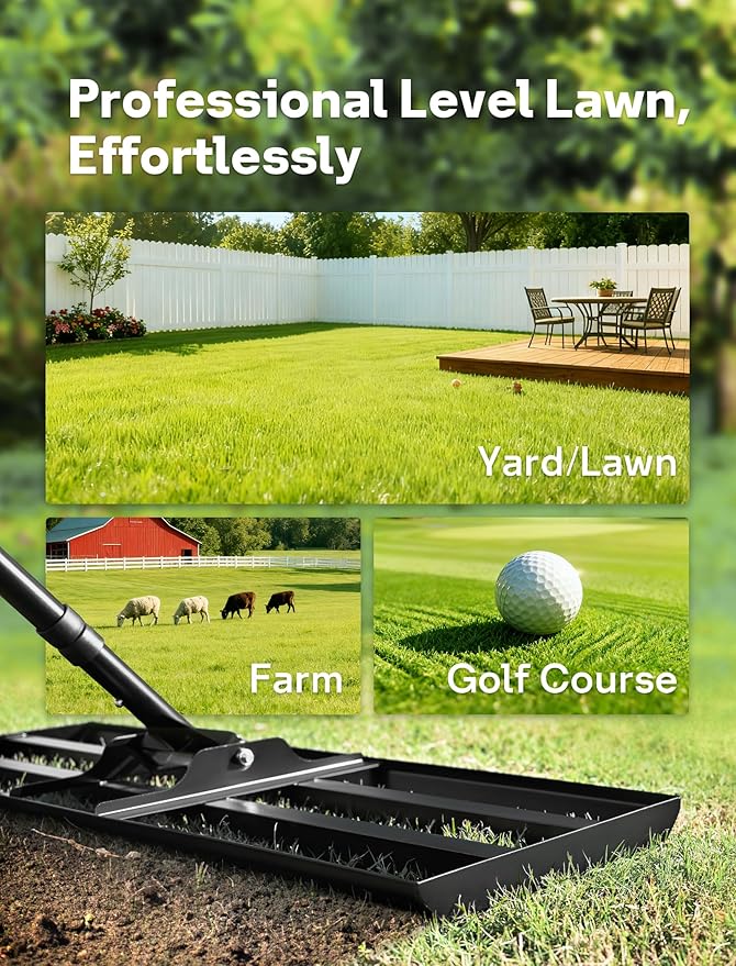 Lawn Leveling Rake 30x10 inch, Heavy Duty Lawn Leveler Tool with 78" Adjustable Handle, Curved Edge & Anti-Fracture Connectors Level Soil or Dirt Ground Surfaces for Backyard, Grass, Golf Course, Farm