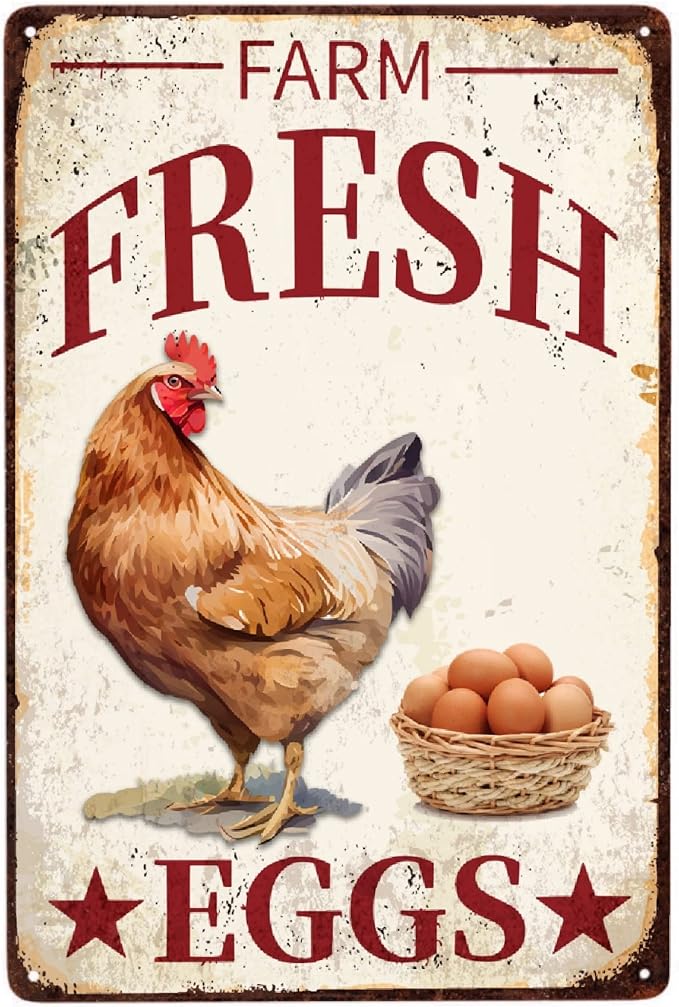 Chicken Vintage Metal Poster Farm Fresh Eggs Sign Decor-Retro Aluminum Funny Metal Tin Sign for Kitchen Farmhouse Store Market Country Farm Barn Supermarket, Outdoor Wall Signs Gift, 12''x 8''