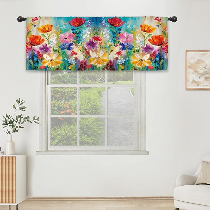 Colorful Flower Kitchen Curtain Valance 54W x 18L Inch Oil Painting Retro Vintage Wildflower Art Rod Pocket Short Cafe Small Window Treatment Drapes Decor