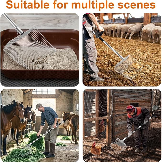 15-inch Large Chicken Poop Scooper with Ergonomic Grip, 4 in 1 Adjustable Chicken Coop Pooper Shovel (24 to 70"), Sifting Litter Shovel for Chicken Coop/Goat Stall/Stable Cleaning