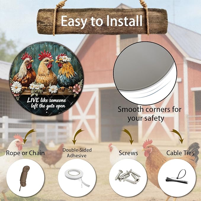 Chicken Wall Decor Live Like Someone Left The Gate Open Poster Funny Farm Chicken Coop Round Metal Tin Signs Home Kitchen Garden Restaurant Rooster Outdoor Yard Wall Art Decor 8 Inch