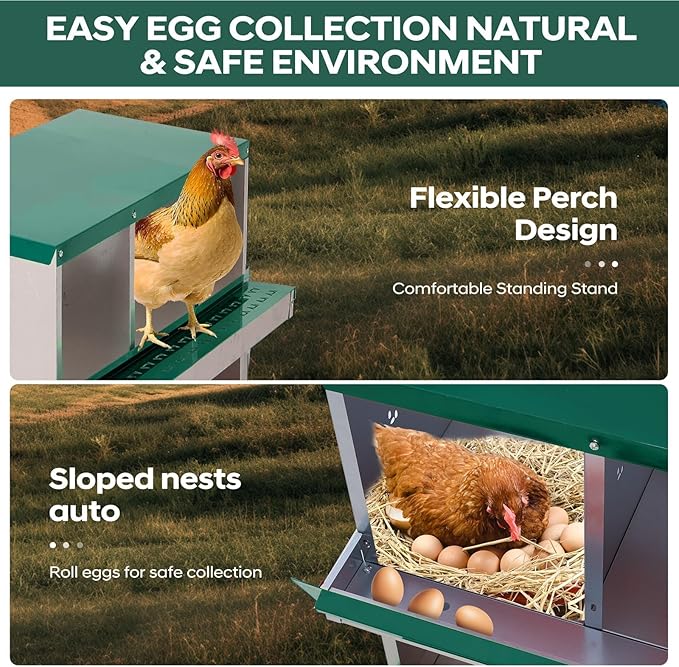 Nesting Boxes for Chickens, 6 Compartments, Nesting Boxes with 4 Dummy Eggs and 10 Dampproof Pets Mats, Green, Stainless Steel, Wall-Mountable & Roll Away Design with Stand