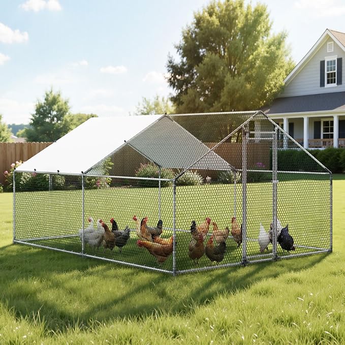 VEVOR Large Metal Chicken Coop, 9.8x13.1x6.5 ft Large Walk in Chicken Runs for Yard with Cover, Hen House Enclosure with Security Lock, Outdoor Duck Rabbit Cage Poultry Pen for Backyard, Farm, Yard