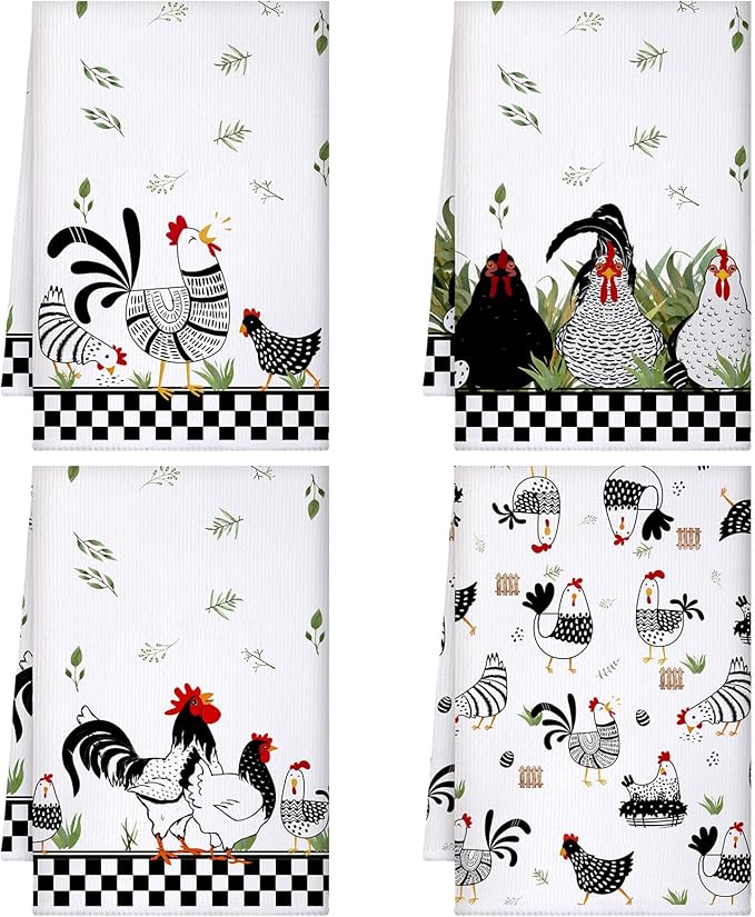 Geyoga 4 Pcs Chicken Kitchen Towels Rooster Dish Hand Towels Farm Animal Cow Vintage Rustic Tea Cloth for Spring Easter Bathroom Farmhouse Decor Gifts, 16 x 24 Inch(Mixed Color,Farmhouse)