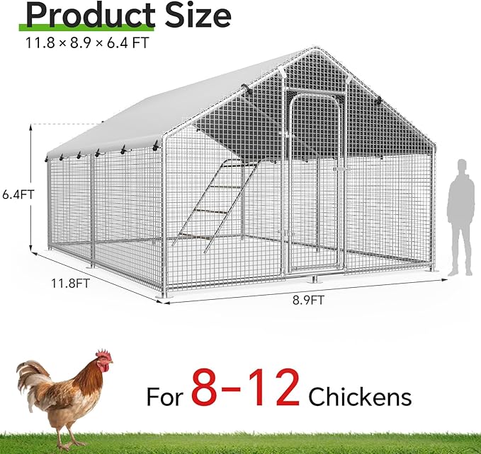 Large Metal Chicken Coop Run with Roosting Perch, Outdoor Poultry Cage with Heavy Duty Wire Mesh and UV-Resistant Cover for Chickens Use, Spire Roof (8.9'W x11.8'L x 6.6'H)