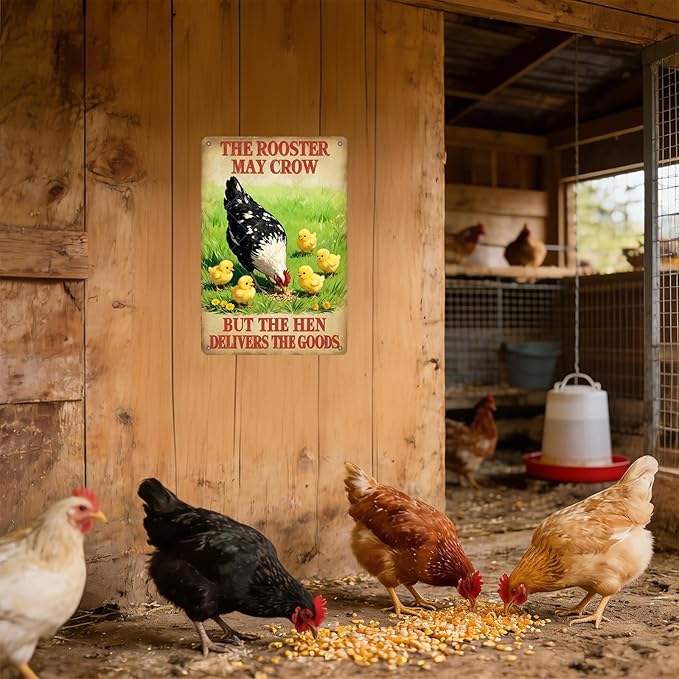 Funny Rooster Decor The Rooster May Crow But The Hen Delivers The Goods Rustic Tin Sign For Home Farm Chicken Coop Decor 12x8 Inch