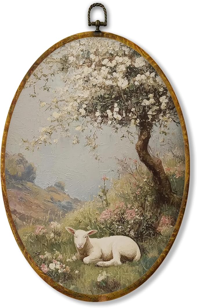 Hiuwevt Vintage Easter Lamb Oval Wall Art Decor, Rustic Farmhouse Lamb Framed Canvas Prints, Cottagecore Spring Landscape Easter Oval Wall Hanging Decor for Home Bedroom Decorations, 8.6x11.4 Inches