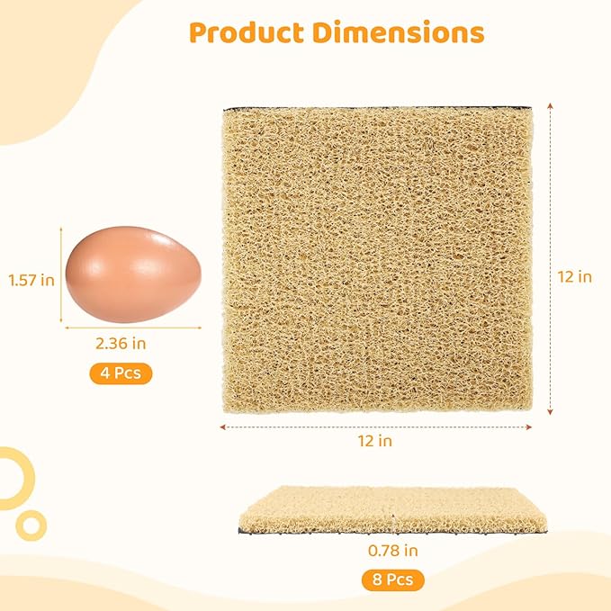 8 Pack Chicken Nesting Pads, Washable Nesting Box Liners for Chicken Coop, Reusable Plastic Nest Box Pads with 4 Pcs Fake Wooden Eggs, Chicken Laying Mats, 12×12×0.8 inch