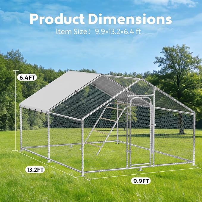 Large Metal Chicken Coop with Roosting Perch, Waterproof and UV-Resistant Cover,Outdoor Walk-in Cage Hen House for Yard Farm Rabbit Duck Chicken Run Spire Roof (10’ W x 13.2’ L x 6.4’ H)