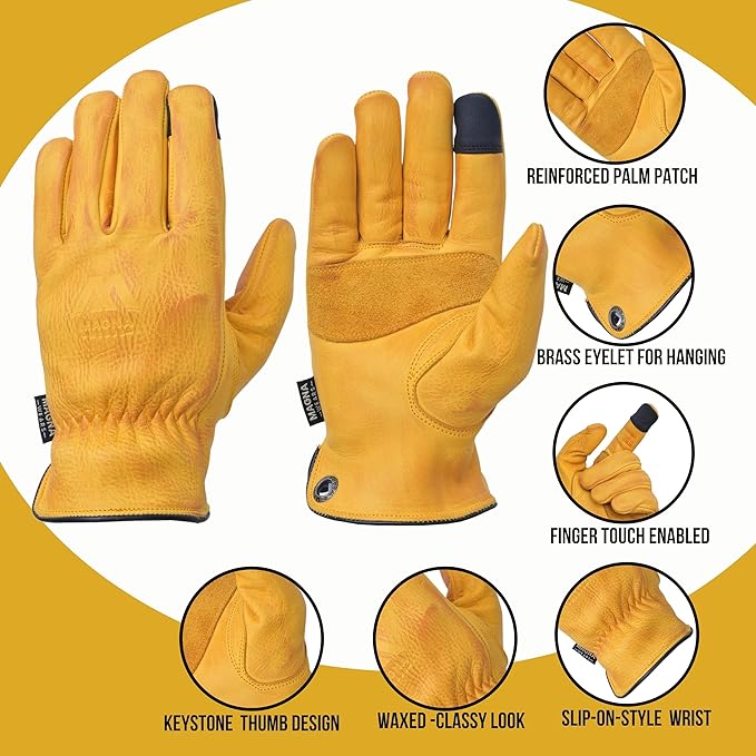 Leather Safety Working Gloves Multi Purpose, Abrasion and Puncture Resistant Reinforced Palm Patch, Heavy Duty Utility Gloves