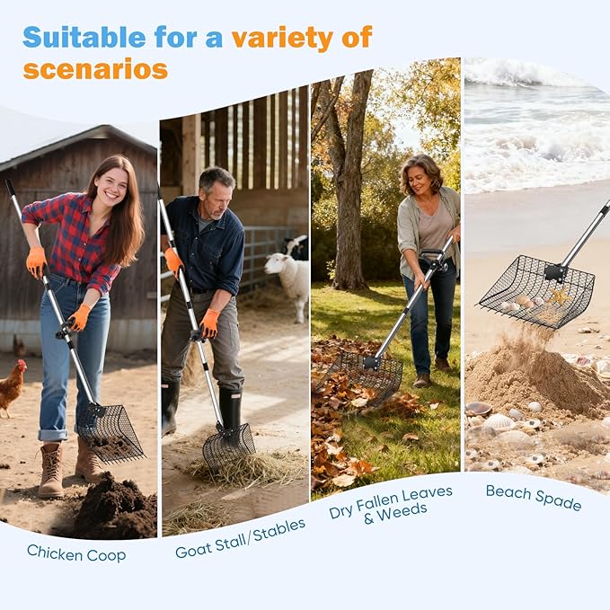 12inch Large Metal Chicken Poop Scooper for Sand with Ergonomic Grip, Adjustable Angle 2 in 1 Chicken Coop Scoop & Rake (39-66"), Stainless Steel Litter Sifting Shovel Chicken Coop Cleaning Tool, Farm