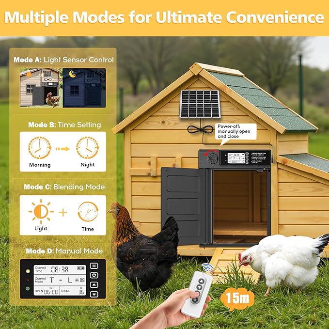 Large Size Automatic Chicken Coop Door Solar - Powered Auto Chicken Door Opener, Automatic Chicken Door with Timer/Light Sensor Modes, Intelligent Obstacle Sensors, Remote Control, 14.76"H x 11.02"L