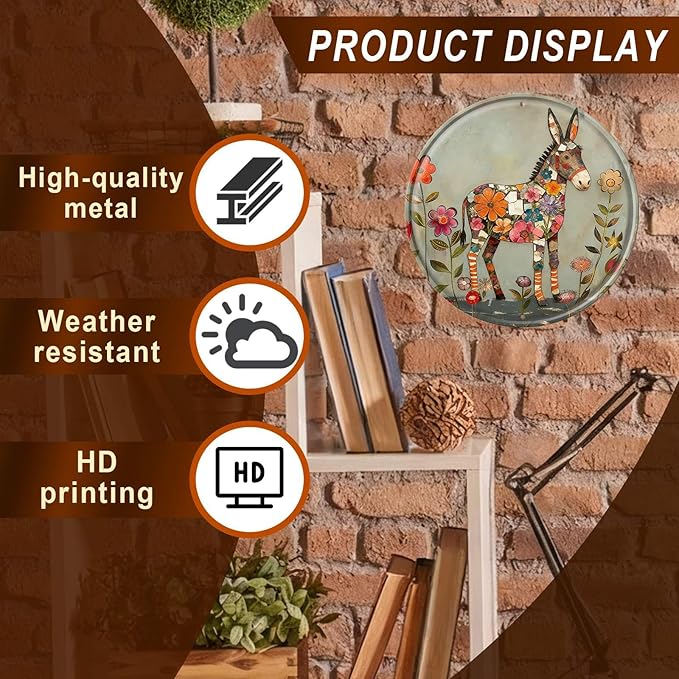 Donkey Round Metal Tin Sign Wreath Farm Flowers Rustic Vintage Wall Art Decor for Farmhouse Garden Backyard Home Cabin Decor 8x8inch