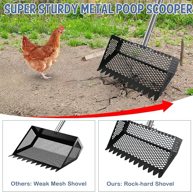 Upgraded Chicken Coop Poop Scooper and Rake, Stainless Steel Chicken Coop Scoop for Sand with Adjustable Handle, Cat Dog Litter Sifting Shovel for Farm, Garden, Yard Cleaning Tools Accessories