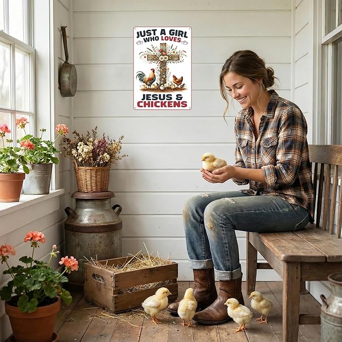 Funnysign Chicken Gifts for Women Girls Vintage Just A Girl Who Loves Jesus&Chickens Tin Sign for Chicken Coop Farm Kitchen Garden Yard Decor 8x12 inch (3908)