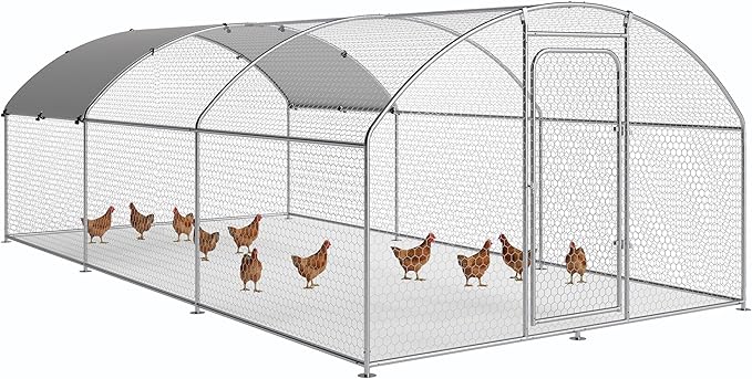 Large Metal Chicken Coop Walk-in Poultry Cage with Waterproof and UV-Resistant Cover, Outdoor Chicken Run Poultry Hen House for Backyard Farm Use,Dome Roof(10’ W x 19.7’ L x 6.4’ H)