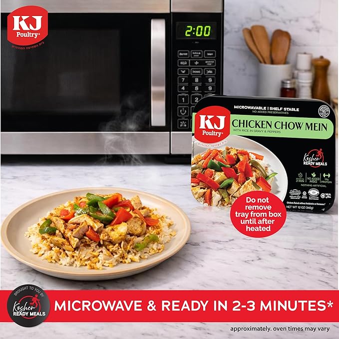 KJ Poultry Kosher Ready Meals - Chicken Chow Mein, MRE Meat Meals Ready to Eat, Gluten Free, Halal, (1 Pack) Prepared Entree Fully Cooked, Shelf Stable Microwave Dinner Travel Military Camping