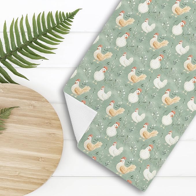 Green Chicken Floral Kitchen Dish Towels for Bathroom Decor, Farmhouse Cottage Core Decor Kitchen Hand Dish Towels Bathroom, Chicken Gifts for Women Mom Lady,16x24 Inch