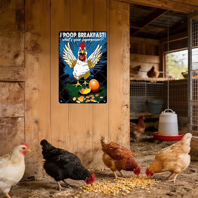 Funny Chicken Decorations for Kitchen Chicken Tin Sign I Poop Breakfast Whats Your Superpower Wall Decor 16x12 Inch