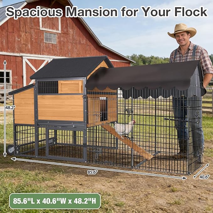 85.6" Chicken Coop with Wheels and Large Run, Heavy Duty Metal Frame Wooden Hen House for 4-6 Chickens, Mobile Poultry Cage with 3 Nesting Boxes, Waterproof Asphalt Roof & Anti-Predator Locks