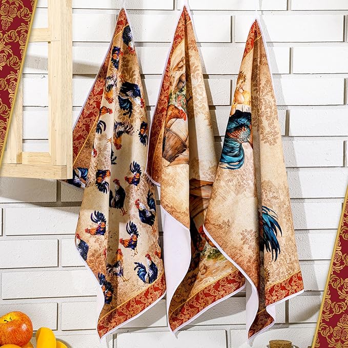 Bencailor 6 Pcs Farmhouse Kitchen Towels Chicken Rooster Kitchen Decor Farm Animal Hand Towels for Cooking Baking Housewarming Gift,15.75 x 23.62 inch(Golden Brown,Rooster)