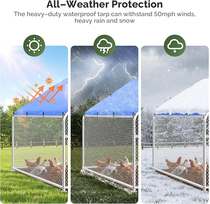 Sino Luban Large Metal Chicken Coop Run for 10 Chickens/Ducks, Chicken Runs for Yard with Waterproof Cover, Chicken Enclosure Chicken Pen Outdoor, Walk-in Poultry Cage (Upgrade wall Support Brace)