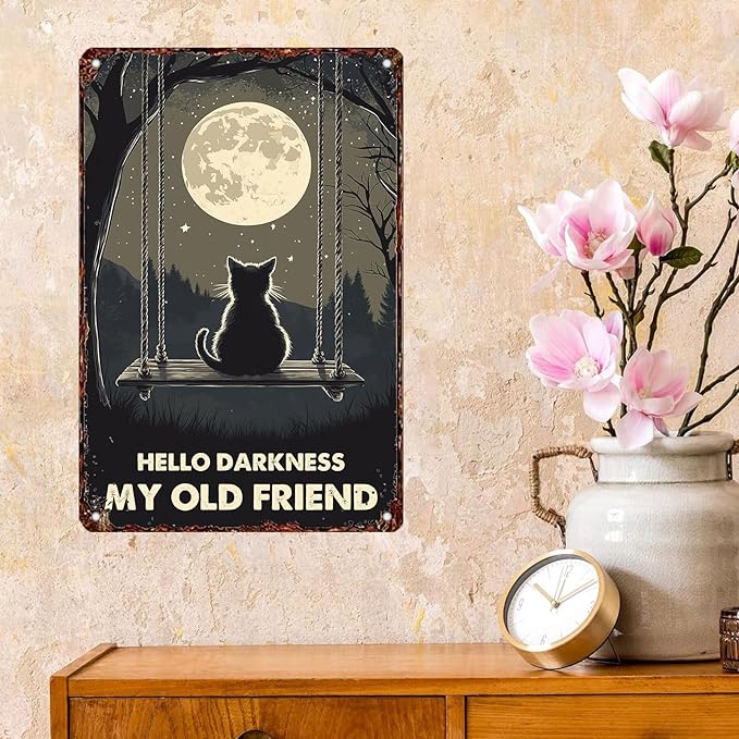 Vintage Wall Decor Metal Poster Plaque Black Cat Hello Darkness My Old Friend Iron Painting Wall Decor Wall Art Nostalgic Tin Sign For Home Cofe Kitchen Pub Bar 12x8 Inch