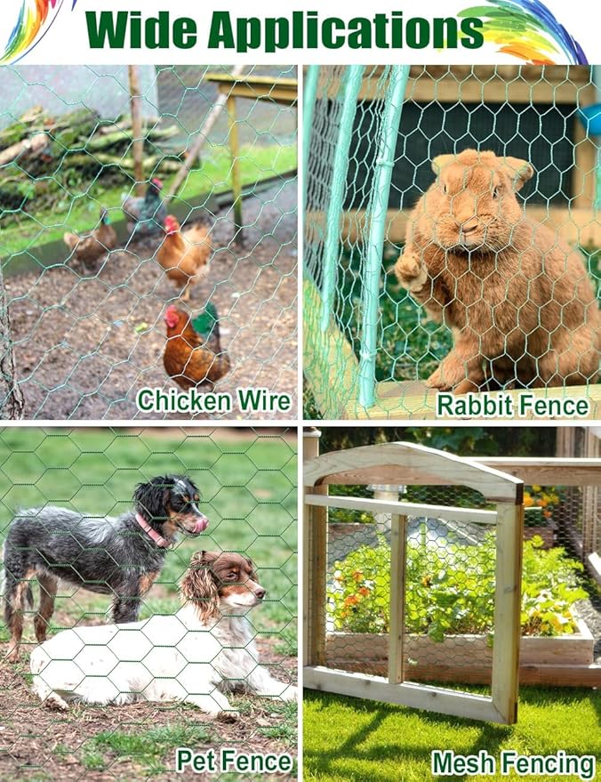 TOYPOPOR Chicken Wire, 16''x 600''/49ft Mesh Roll for Floral Arrangements, Anti-Rust PVC Coated Garden Netting, Rabbit Animal Fence with Cutting Plier, Gloves and Ties for DYI Crafts, Poultry, Garden