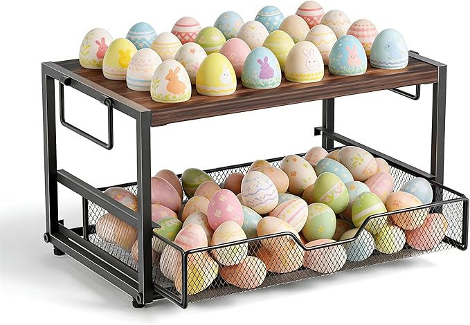 2-Tier Wooden Egg Storage Organizer with Basket – Holds 24+60 Chicken, Duck & Quail Eggs – Compact Countertop Holder with Carry Handle for Easy Transport