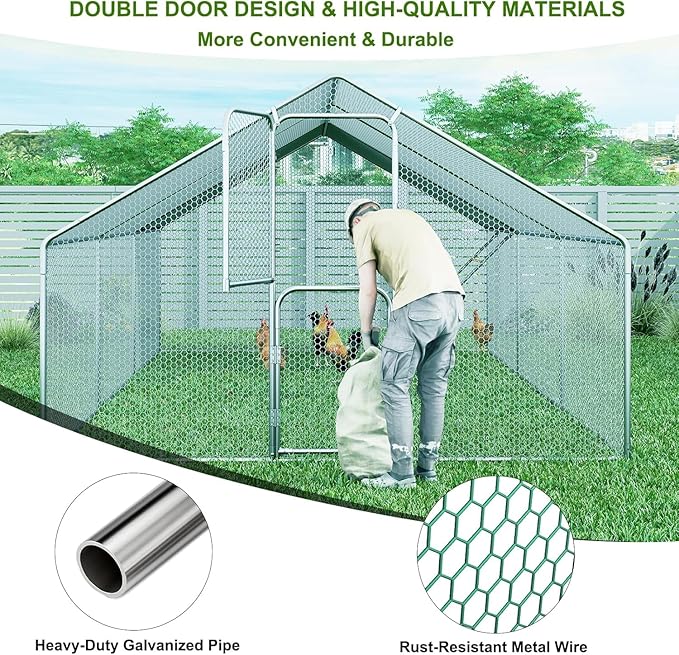 Amopatio Metal Large Chicken Coop 19.7x9.8x6.5 FT Walk in Chickens Run with Chicken Roosting Perch, Outdoor Chicken House with Security Lock and Split Door for Farm, Yard, Backyard