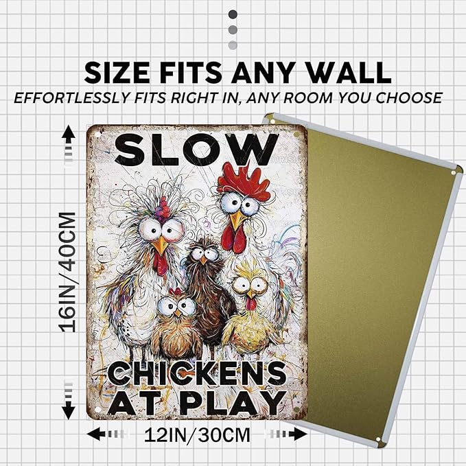 Slow Tin Sign Chickens at Play Vintage Hen Rooster Metal Sign Nostalgic Rustic Chicken Lovers Wall Decor Decorations for Home Farmhouse Poultry House Coop Yard 16 * 12In