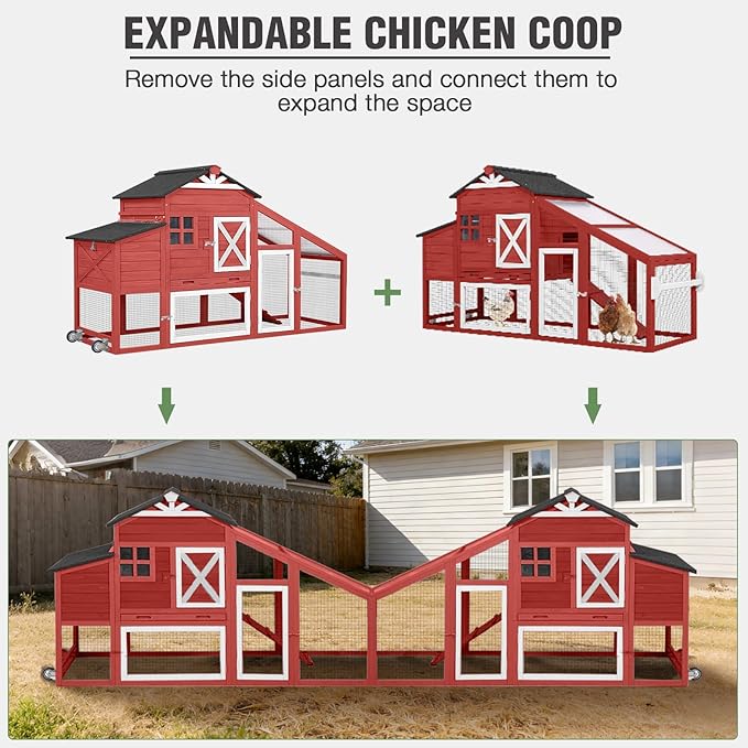 Mobile Chicken Coop with Run, Large Wooden Hen House Poultry Cage with Wheels, Nesting Box, Pull-Out Tray, Waterproof Roof, Red, 73.4" L x 27.9" W x 43.2" H, for 3-5 Chickens