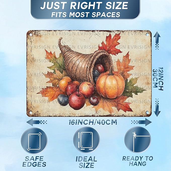 Blessed Grateful Thankful Sign Retro Thanksgiving Metal Tin Sign Vintage Fall Wall Decor for Home Farmhouse Kitchen Cafe Display 12x16Inch