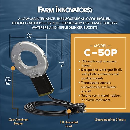 Farm Innovators Chicken Waterer De-Icer for Nipple Drinker Chicken Water Buckets - 150W Water Deicer with Thermostatically Controlled Heating