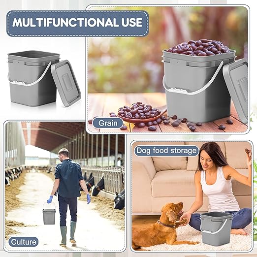 Mumufy 5 Pcs 3.5 Gallon Square Food Grade Bucket with Lid Square Bucket Pail Plastic Handles for Long Term Food Storage, Camping, Fishing, Home Organization Easy Stack and Store (Gray)