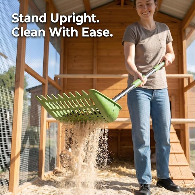 Chicken Poop Scooper, 2-in-1 Coop Scoop & Chicken Coop Rake, Sand Sifting Shovel with Adjustable Stainless Steel Handle, Up to 68 in, No-Bend Cleaning Tool - Patent-Pending