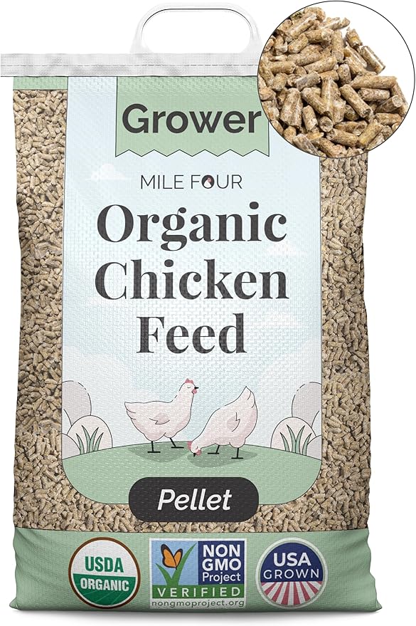 Mile Four Organic Chicken Feed (23 lbs) Grower Pellet, Non-GMO, USA Grown, 18% Protein, Corn-Free, Soy-Free, Non-Medicated Feed for Chickens
